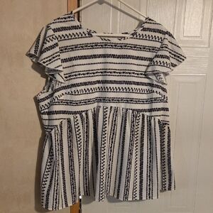 SHEIN White and Black Striped Flutter Sleeve Peplum Top